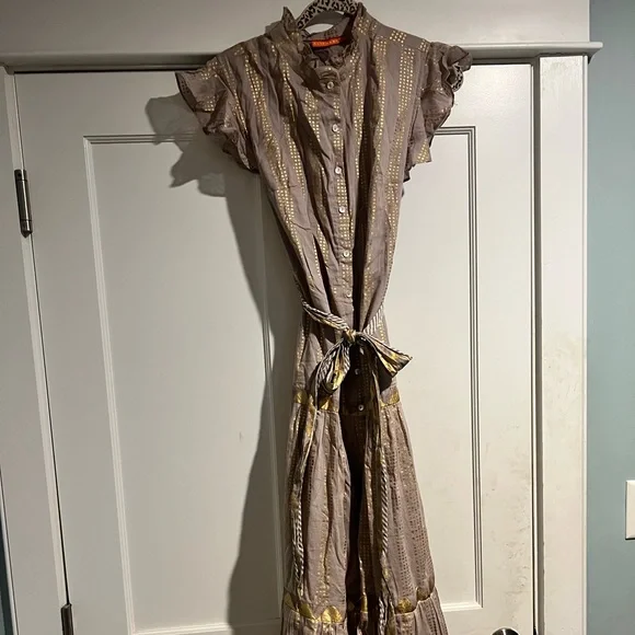 OLIPHANT RUFFLE COLLAR BUTTON MAXI - PIXIE GREY/Hand painted gold- Sz. L - NWT - Picture 6 of 14